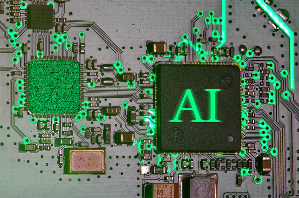 Glowing chip on a circuit board