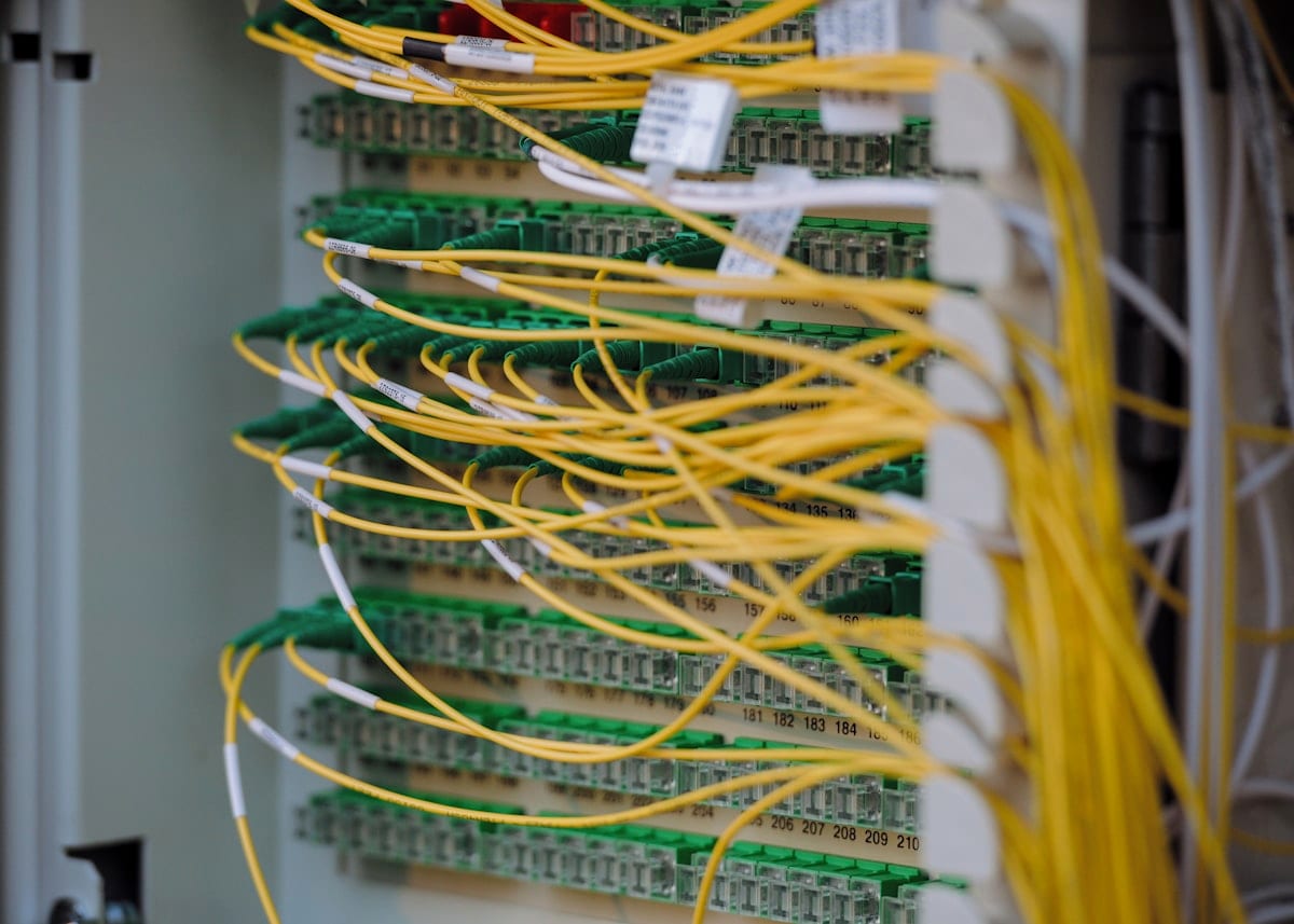 Yellow and green fibre optic cables
