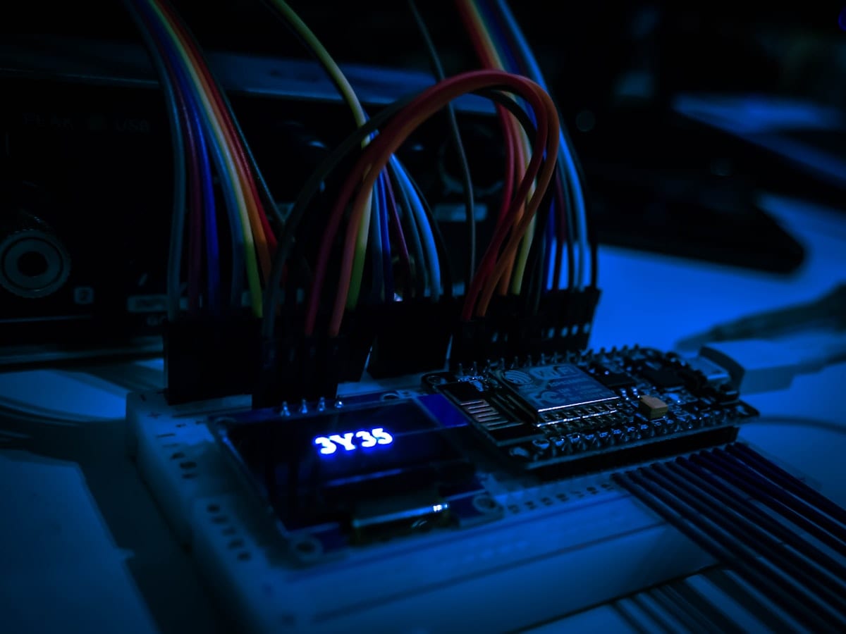 Close-up circuit board in blue light